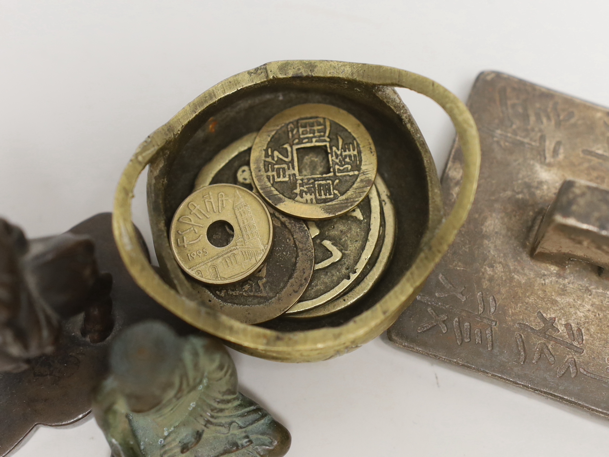 Five Chinese coins, five seals and a miniature censer